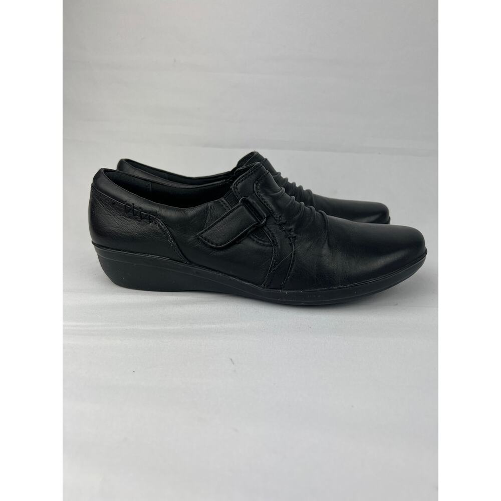 Clarks Collection Soft Cushion Black Leather Comfort Slip-On Low Wedge Size 8